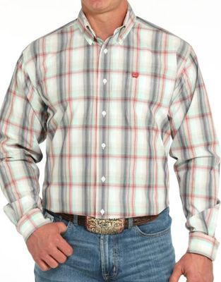 Cinch Men’s Shirt Classic Fit Button Down Plaid Print Grey/Red/White MTW1105934.