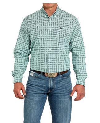 Cinch Men's Print Turquoise Long Sleeve Shirt.