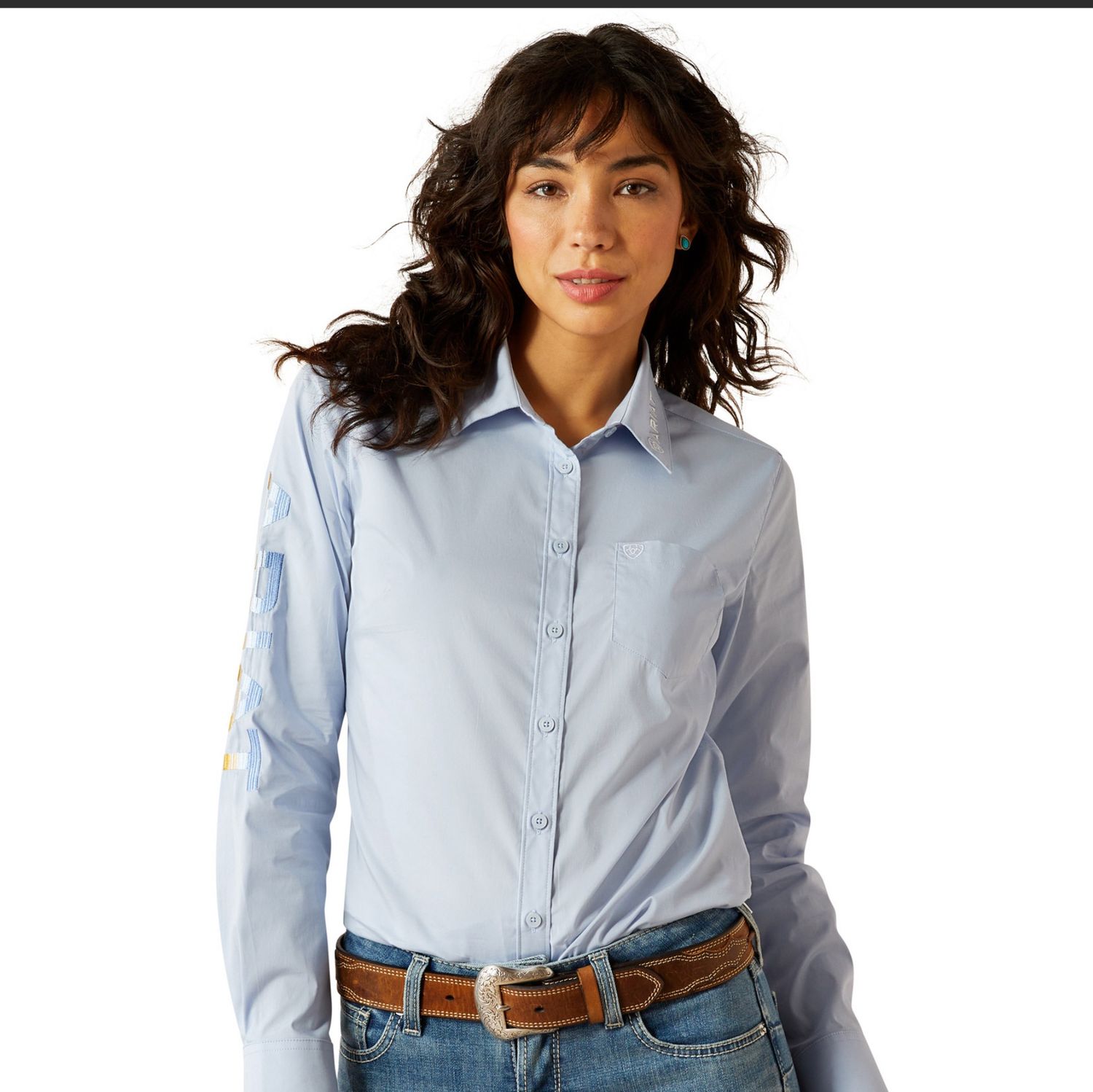 ARIAT WOMENS WRINKLE RESISTANT TEAM KIRBY  STRETCH SHIRT KENTUCKY BLUE.