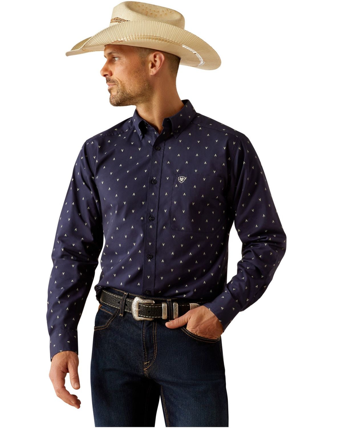 ARIAT MENS CORDELL FITTED LS SHIRT NAVY.