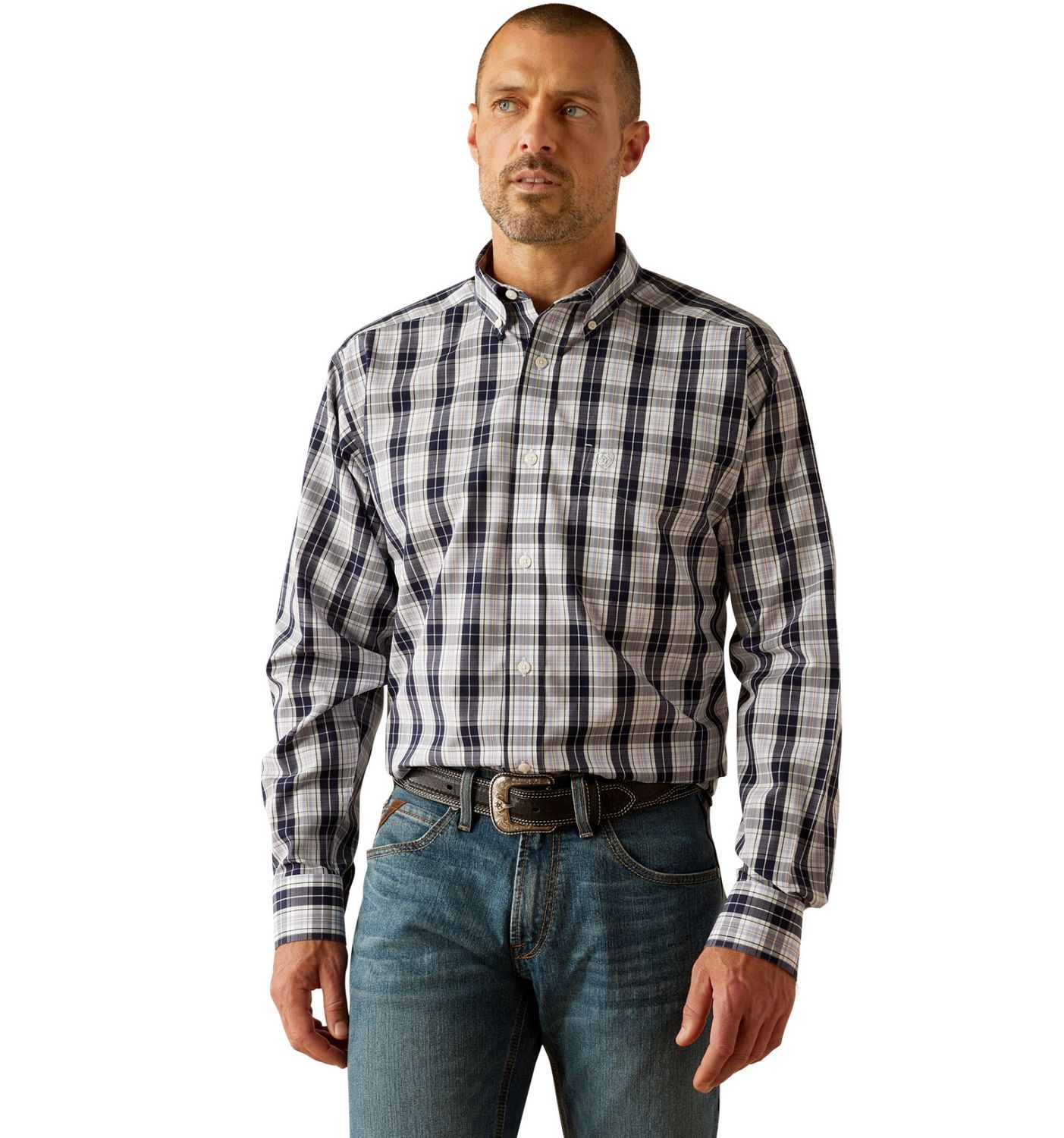 ARIAT MENS WRINKLE FREE LS SHIRT OCEAN CLASSIC FIT DARK BLUE.