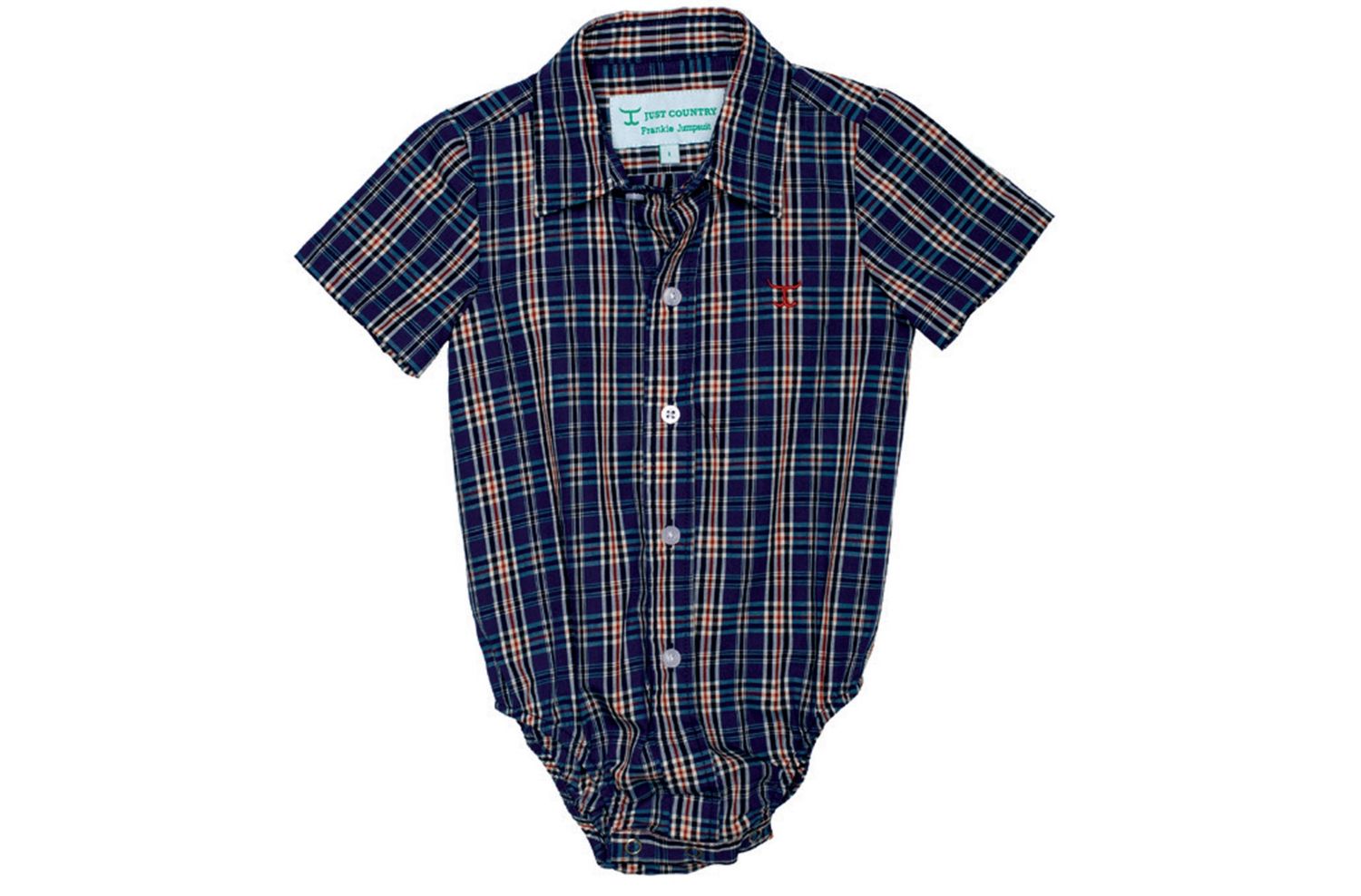 JC INFANTS FRANKIE SHORT SLEEVE BUTTON JUMPSUIT COBALT/RUST PLAID.