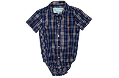 JC INFANTS FRANKIE SHORT SLEEVE BUTTON JUMPSUIT COBALT/RUST PLAID.