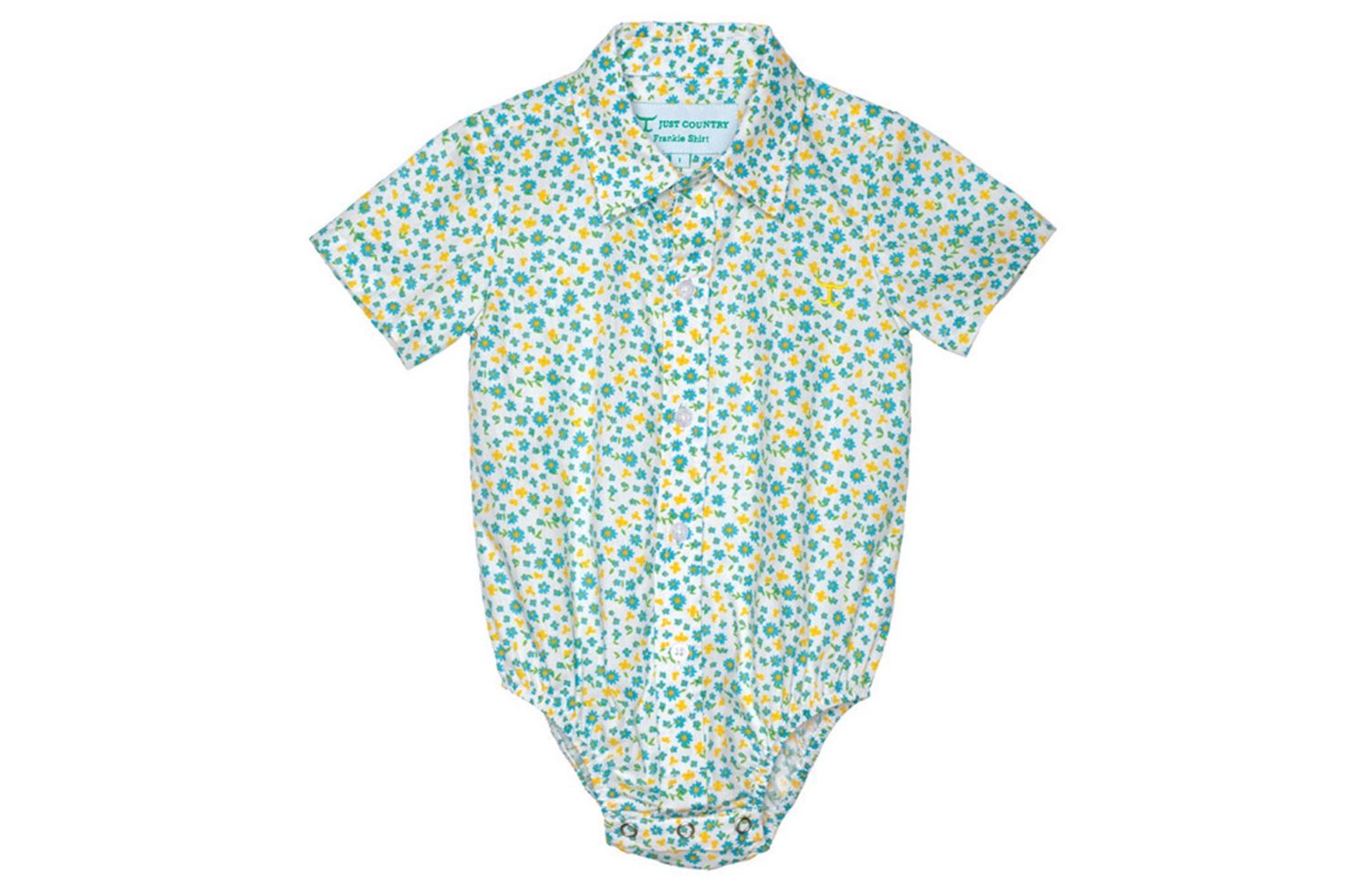 JC INFANTS FRANKIE SHORT SLEEVE FULL BUTTON JUMPSUIT WHITE DAISIES.