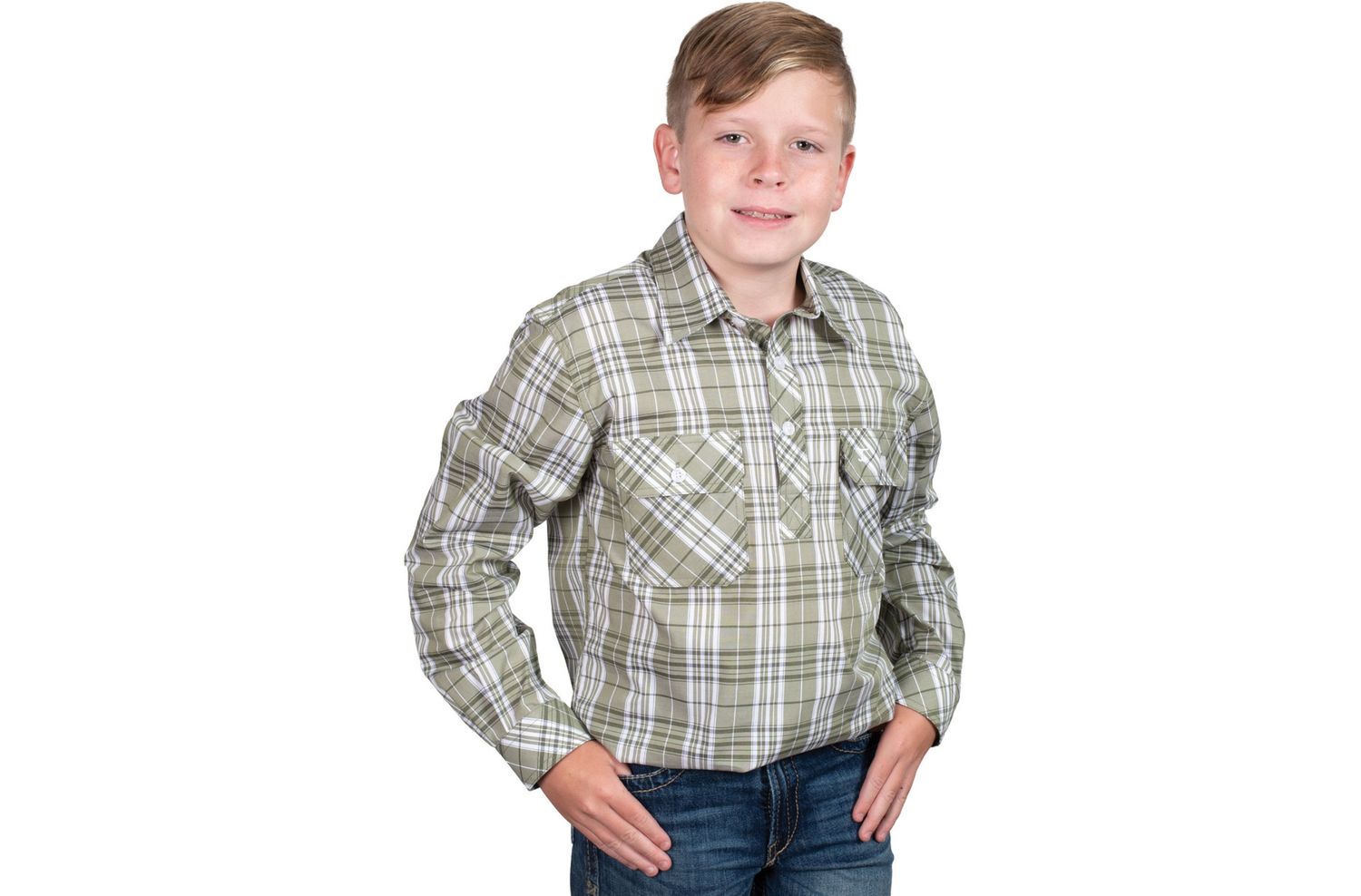 JC BOYS BRAYDEN HALF BUTTON WORKSHIRT OLIVE PLAID.
