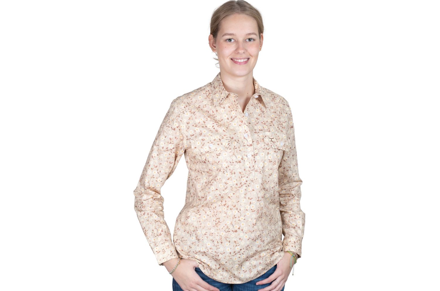 JC WOMENS GEORGIE HALF BUTTON PRINT WORKSHIRT FAWN FLORAL., Size: 08.0