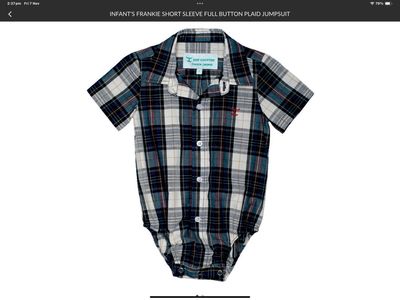 JC INFANTS FRANKIE SHORT SLEEVE FULL BUTTON JUMP SUIT NAVY/RED PLAID.