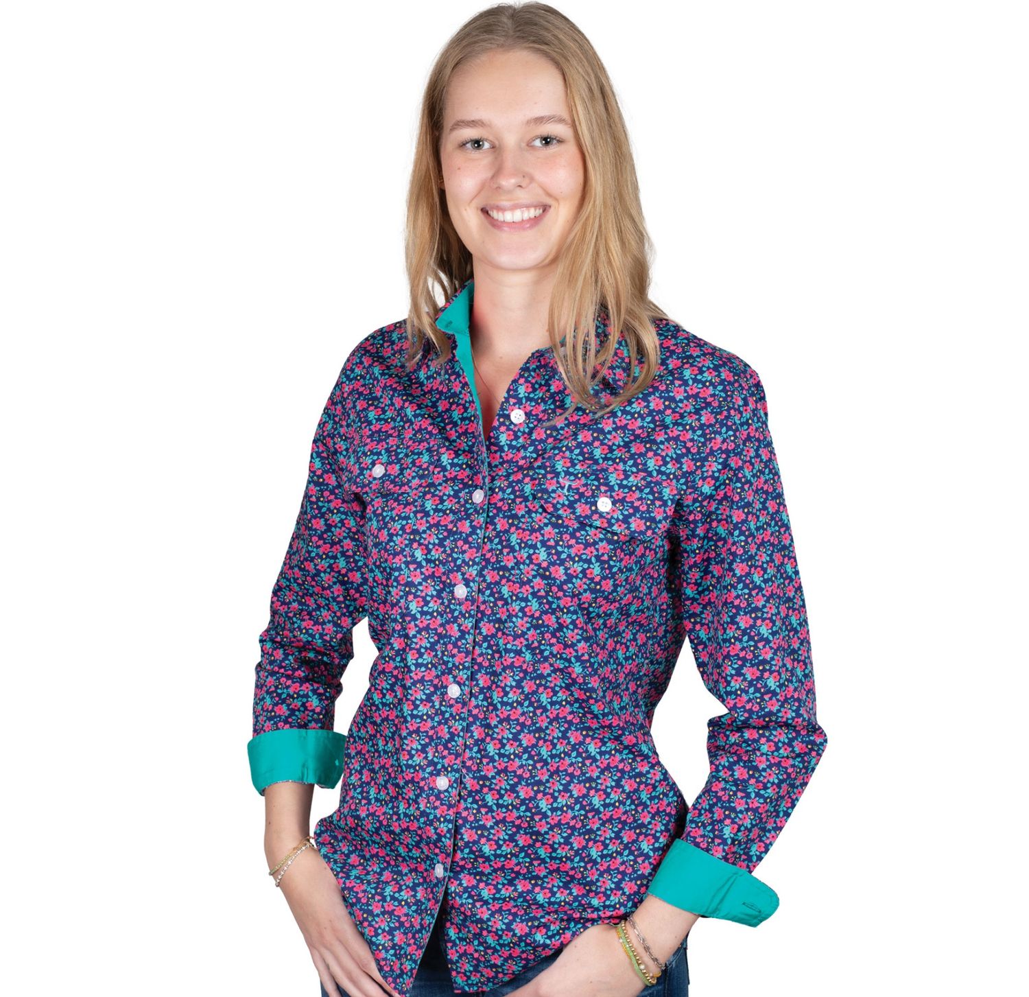 WOMENS ABBEY FULL BUTTON  WORKSHIRT NAVY PANSIES.