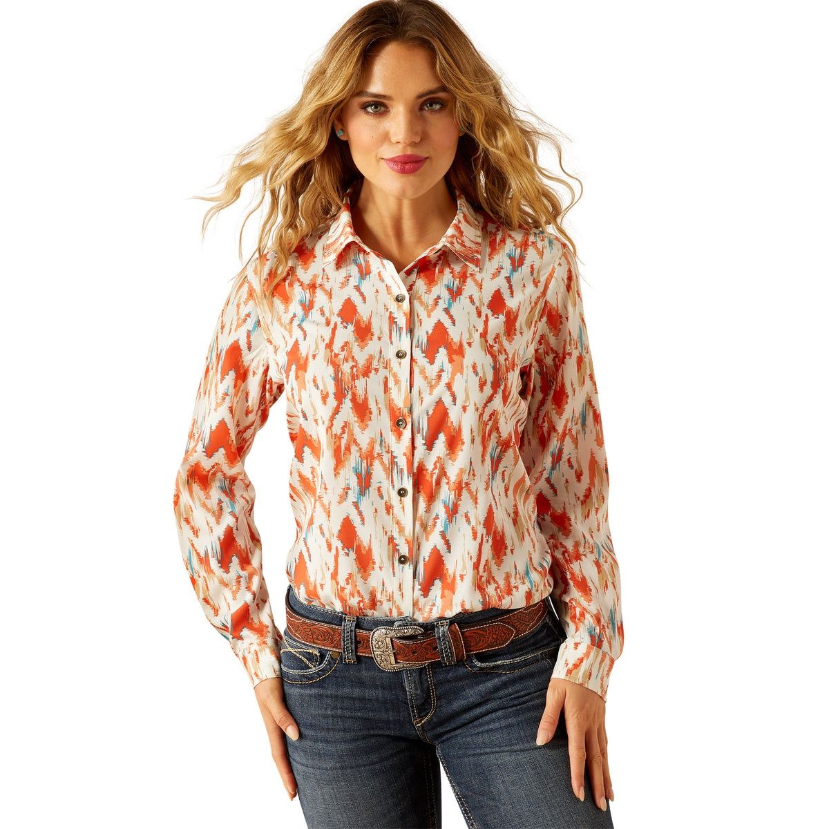 WOMENS HOMESTYLE BUTTON UP LS PAINTED WATER COLOUR SHIRT.