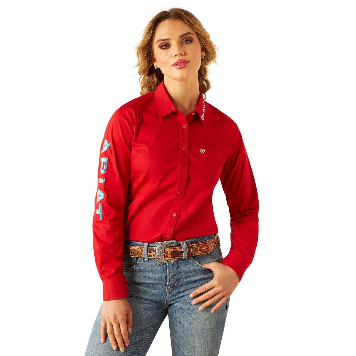 WOMENS TEAM KIRBY STRETCH LS EQUESTRIAN RED SHIRT.
