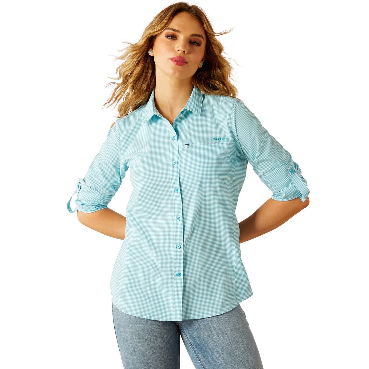 WOMENS VENTTEK LS SHIRT PEACOCK BLUE CHECK.