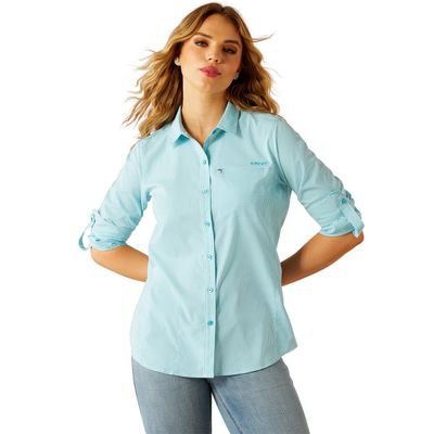 WOMENS VENTTEK LS SHIRT PEACOCK BLUE CHECK.