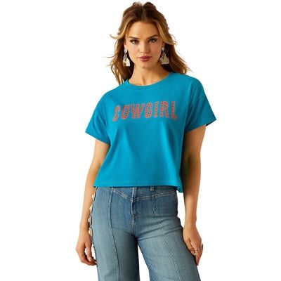 WOMENS COWGIRL SS CROP TEE ENAMEL BLUE.