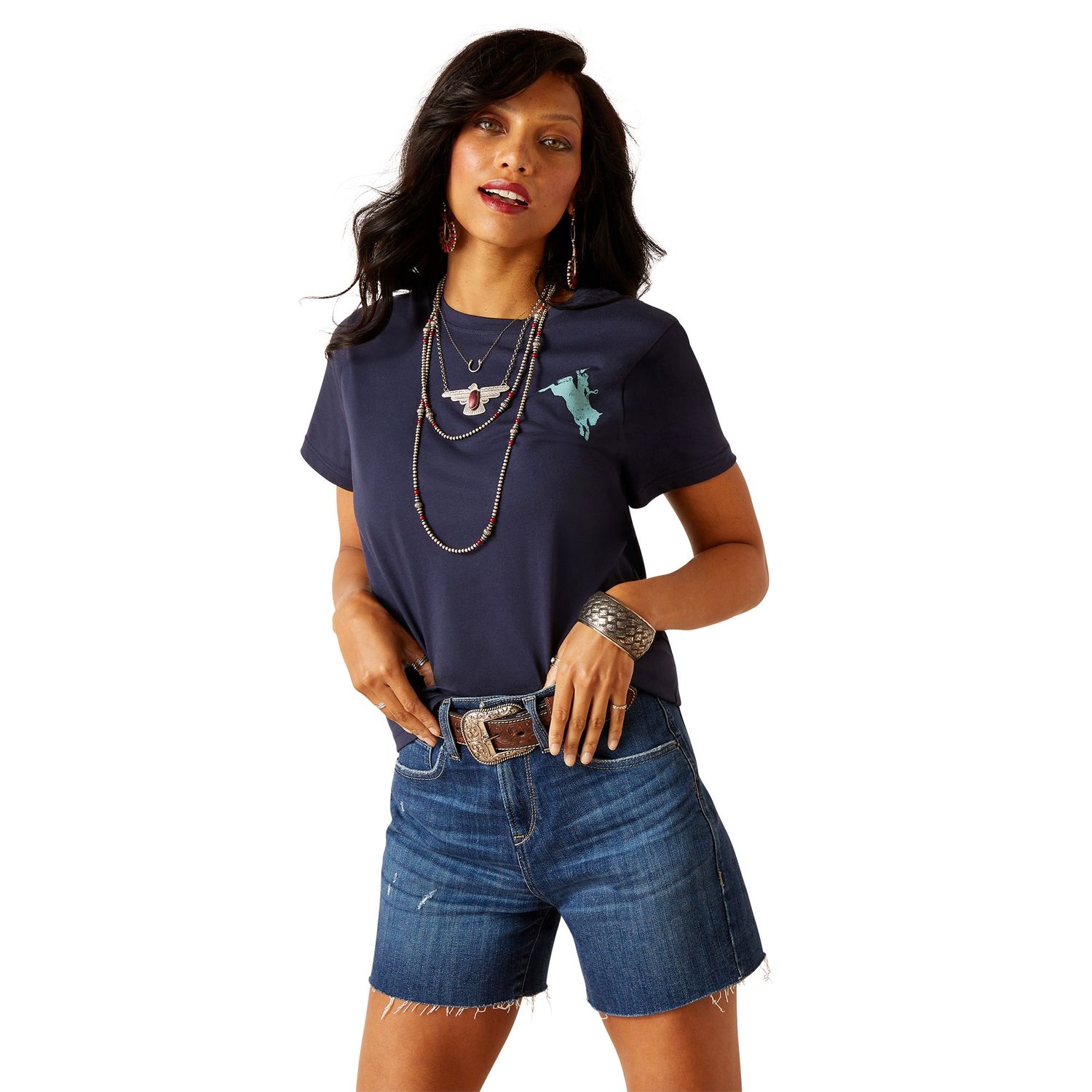 ARIAT WOMENS BRONCO T-SHIRT NAVY., Size: XS