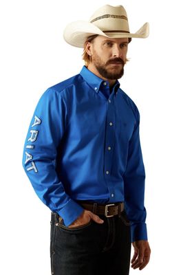 ARIAT MENS TEAM LOGO TWILL LS SHIRT DARK BLUE/LIGHT BLUE.