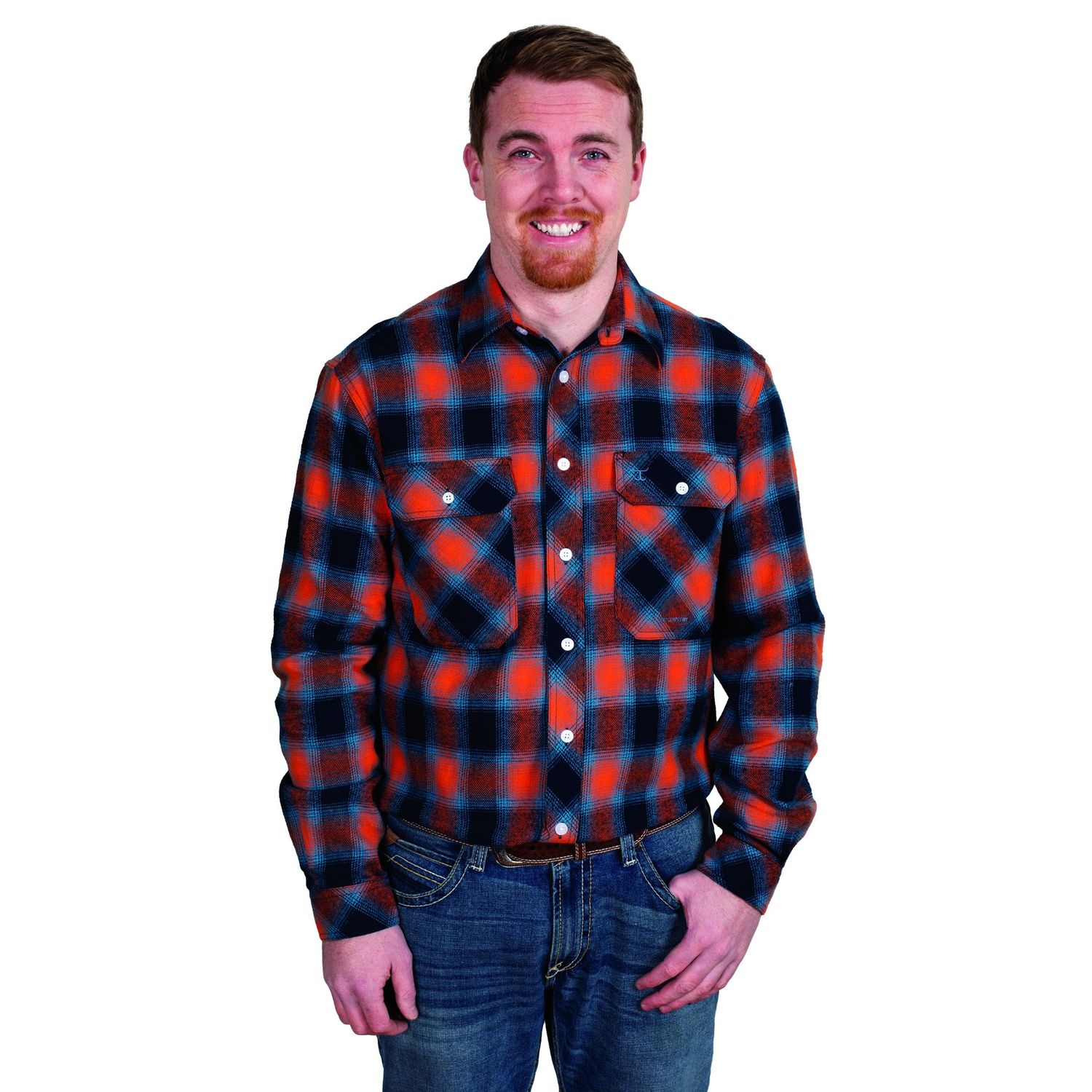 MENS EVAN WORKSHIRT FLANNEL NAVY / ORANGE, Size: S