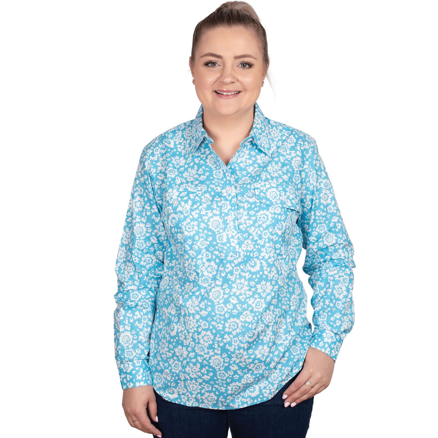WOMENS GEORGIE HALF BUTTON PRINT WORKSHIRST SKY FRENCH FLORAL., Size: 08.0