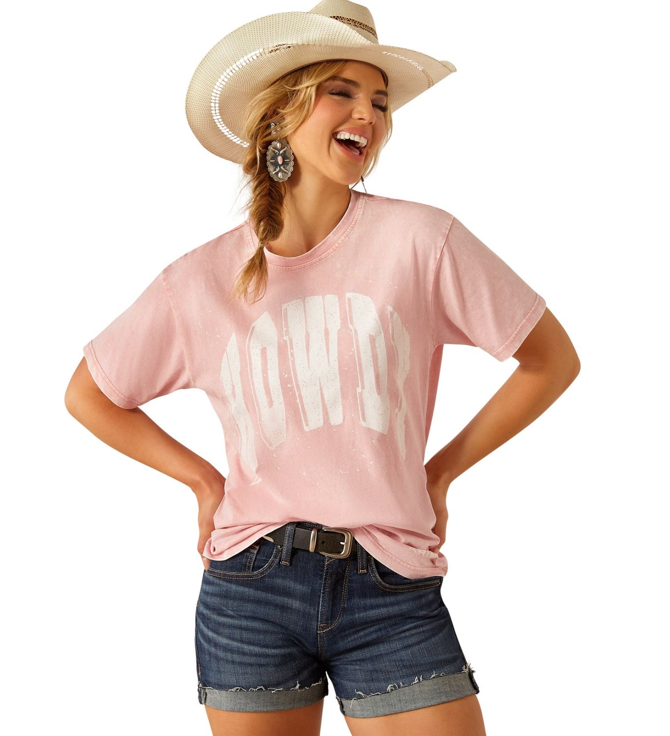 ARIAT WOMENS HOWDY TEE ACID WASH PINK., Size: XS