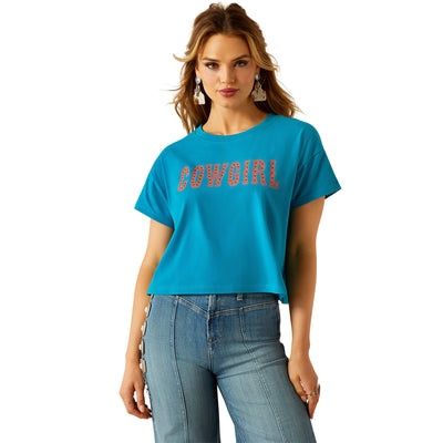 WOMENS COWGIRL SS CROP TEE ENAMEL BLUE., Size: XS