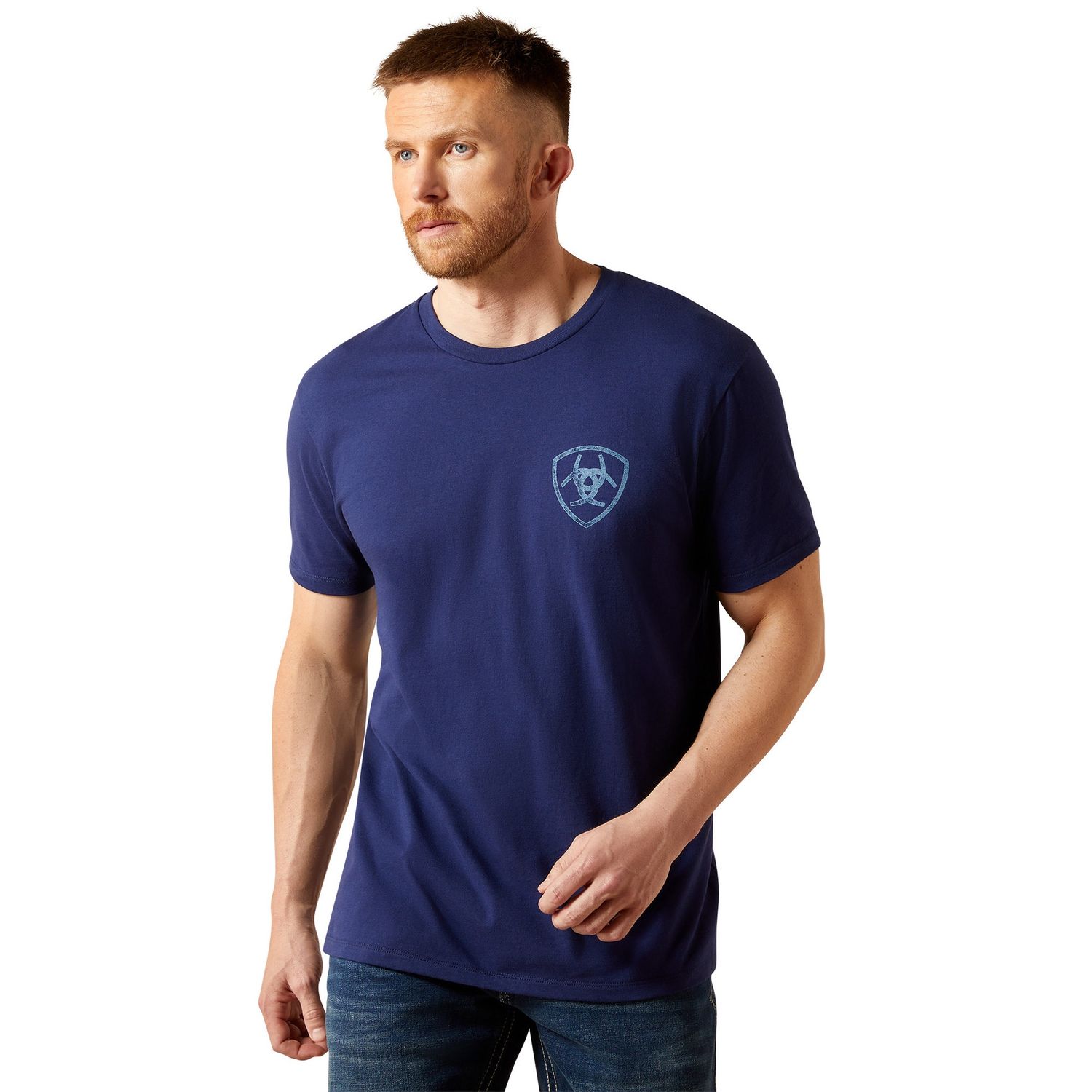 MENS NEW VERTICAL LOGO SS TEE MEDIEVAL BLUE
