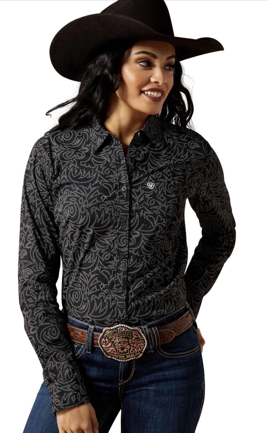 WOMENS WRINKLE RESISTANT KIRBY LS SHIRT BLACK BOOT STITCH