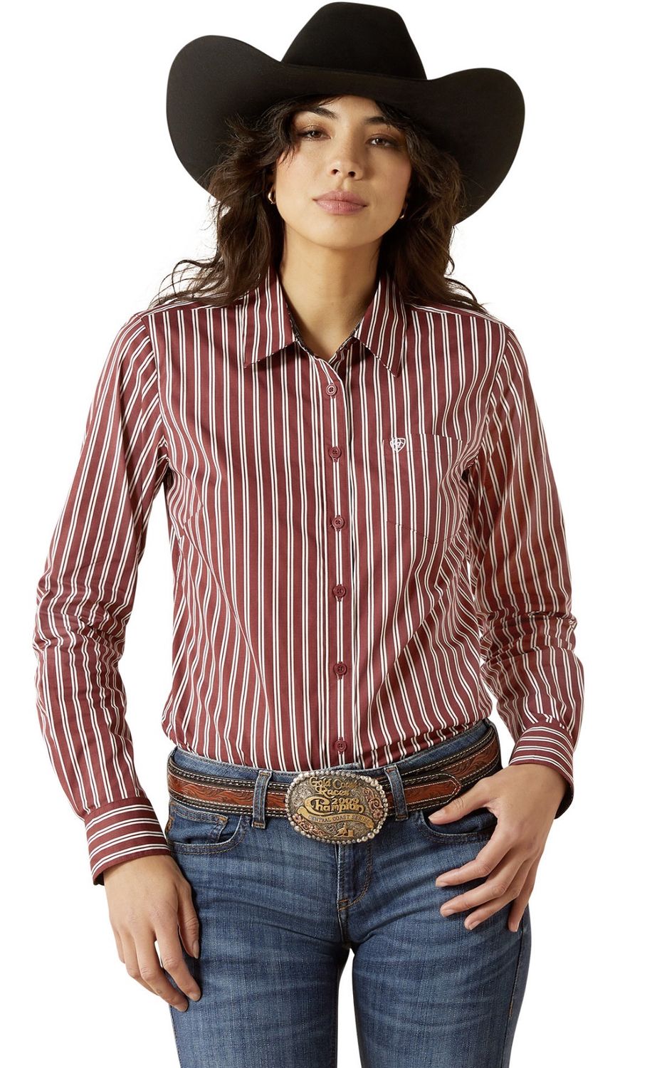 WOMENS WRINKLE RESISTANT KIRBY LS SHIRT CABERNET STRIPE
