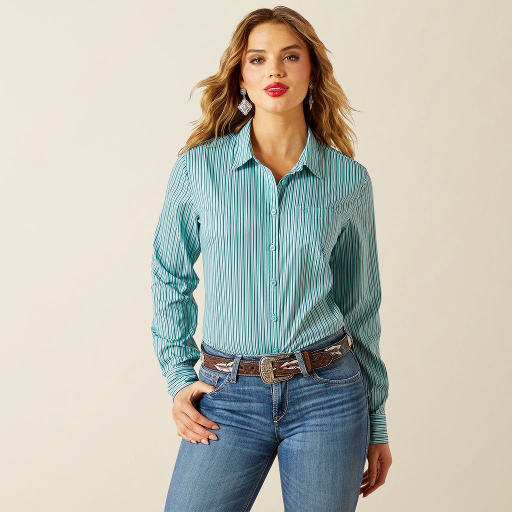 ARIAT WOMENS TEAM KIRBY PRO LS SHIRT AQUA STRIPE