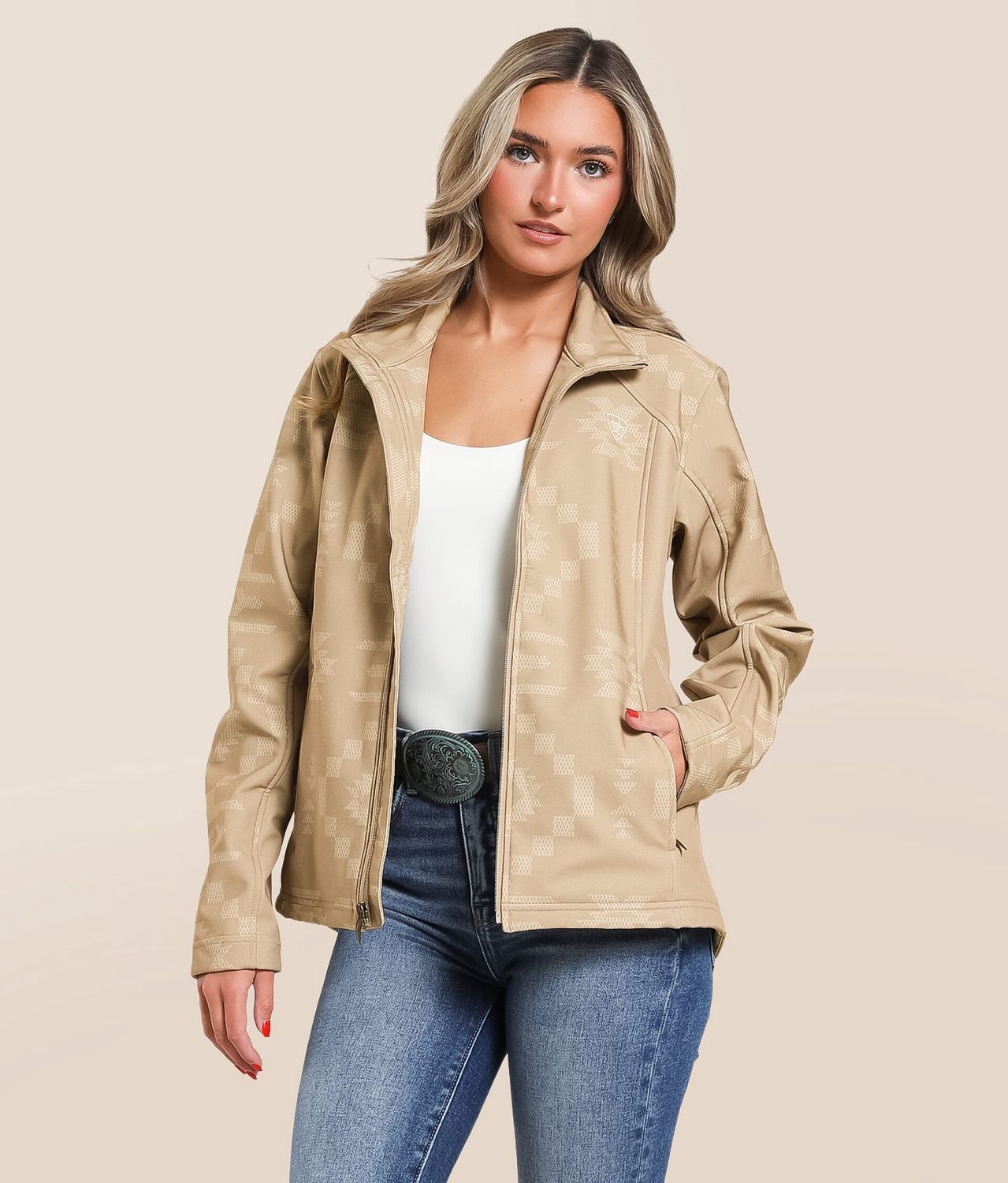 ARIAT WOMENS LOGO SOFTSHELL PRINT JACKET CROSS STITCH