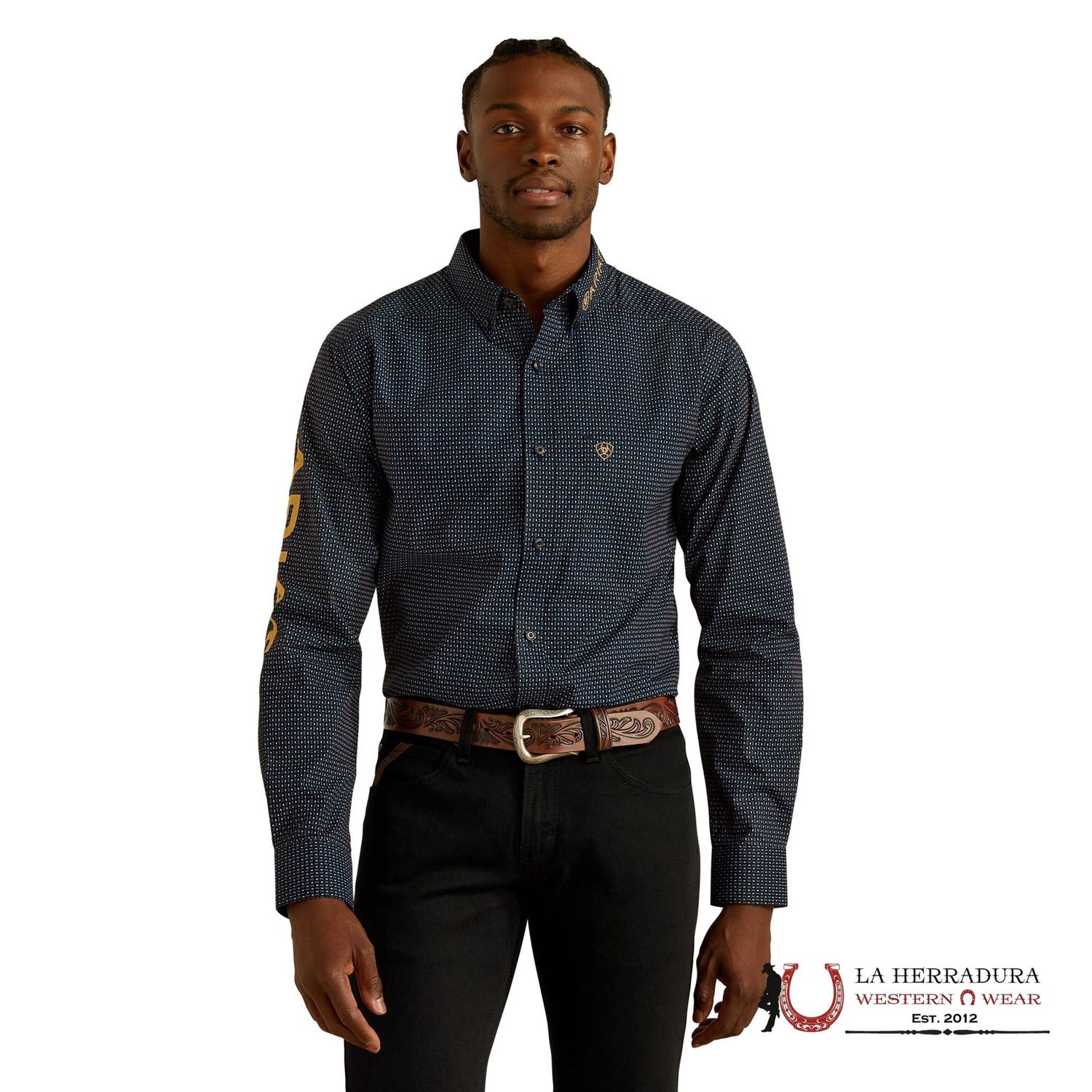 ARIAT MENS TEAM PORTLAND FITTED LS SHIRT BLACK/GOLD