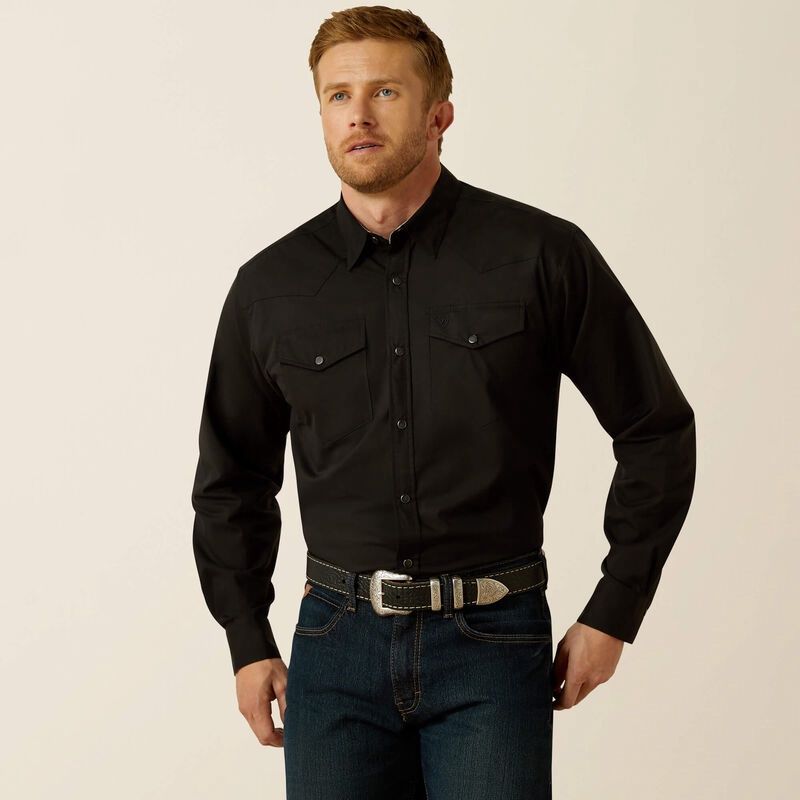 ARIAT MENS WRINKLE FREE REFINED SLUB SNAP LS SHIRT BLACK