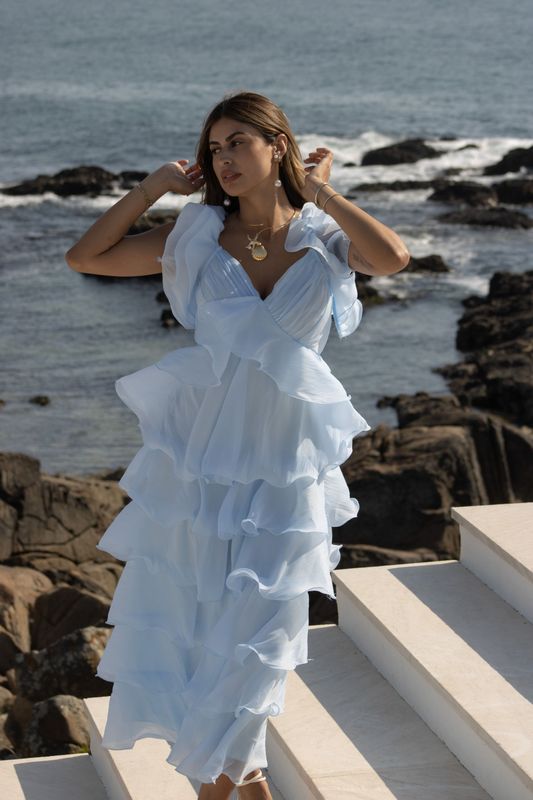 Vestido Midi Azul Céu com Folhos