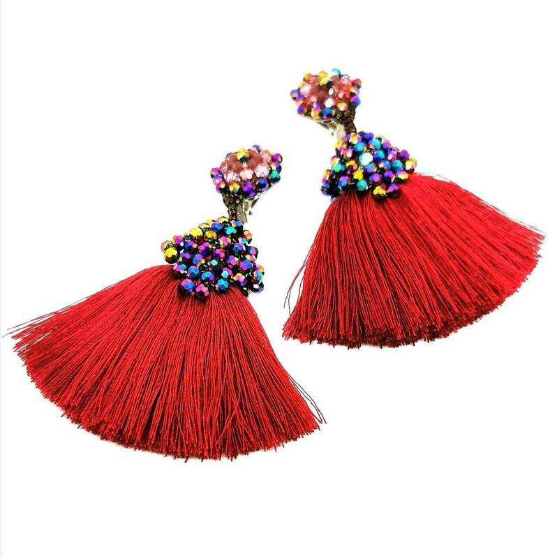 Silk Tassel Crystal Dangle Earrings