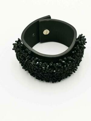 Elegant Black Crystal Bead & Leather Bracelet
