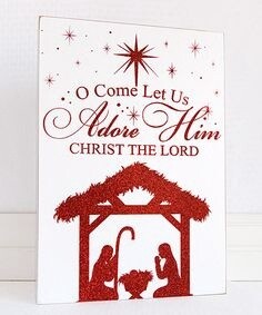 O Come Let Us Adore Red Glitter Sign