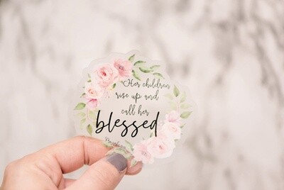 Blessed floral, christian, clear, Vinyl Sticker, 3x3 in.