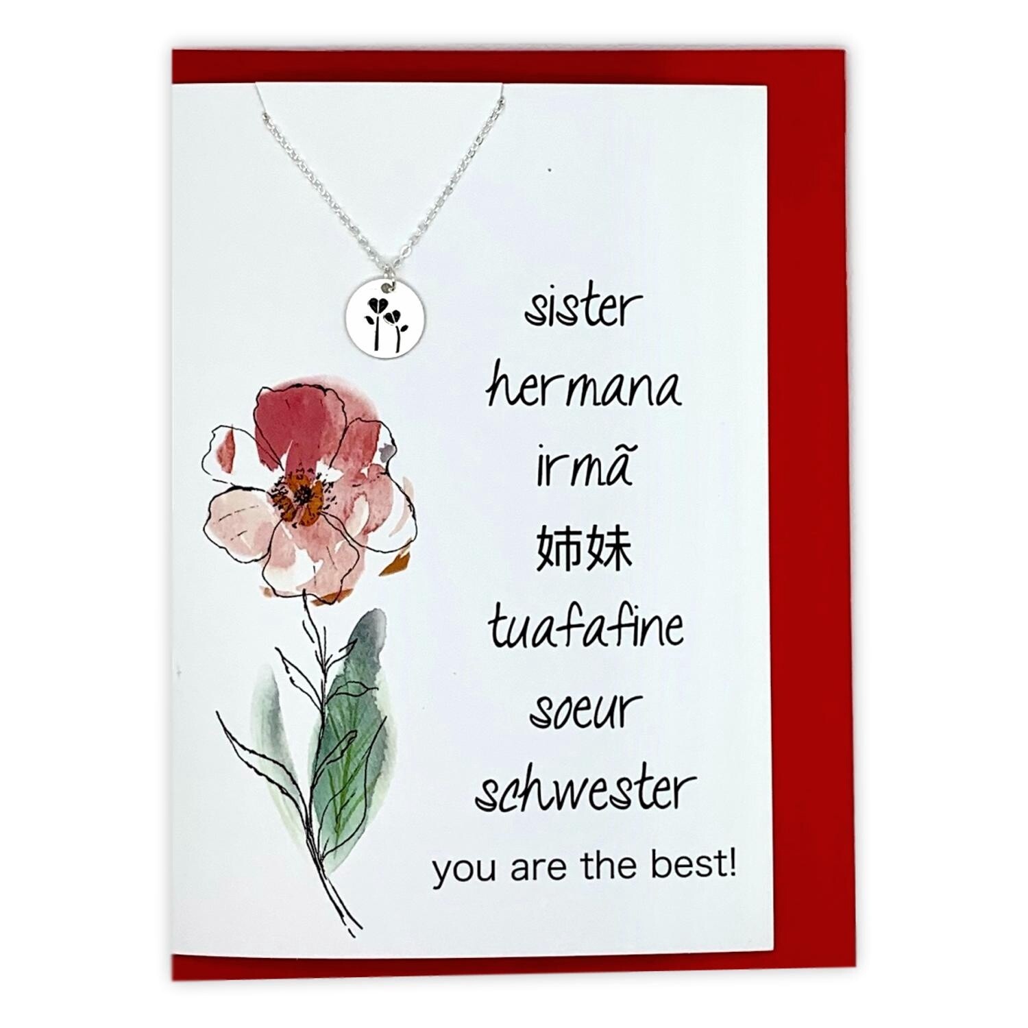 Sister You Are The Best! Greeting card and necklace, Metal: Silver