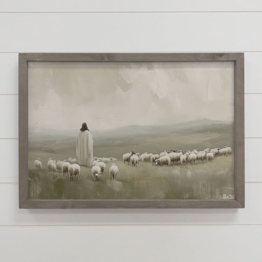 Jesus Flock of Sheep -  Wood Framed, Size: 12&quot;x18&quot;