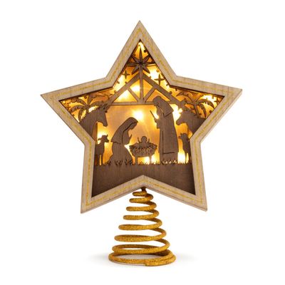 Light-up Silhouette Wood Nativity Star Topper 8.5&quot; x 10&quot;