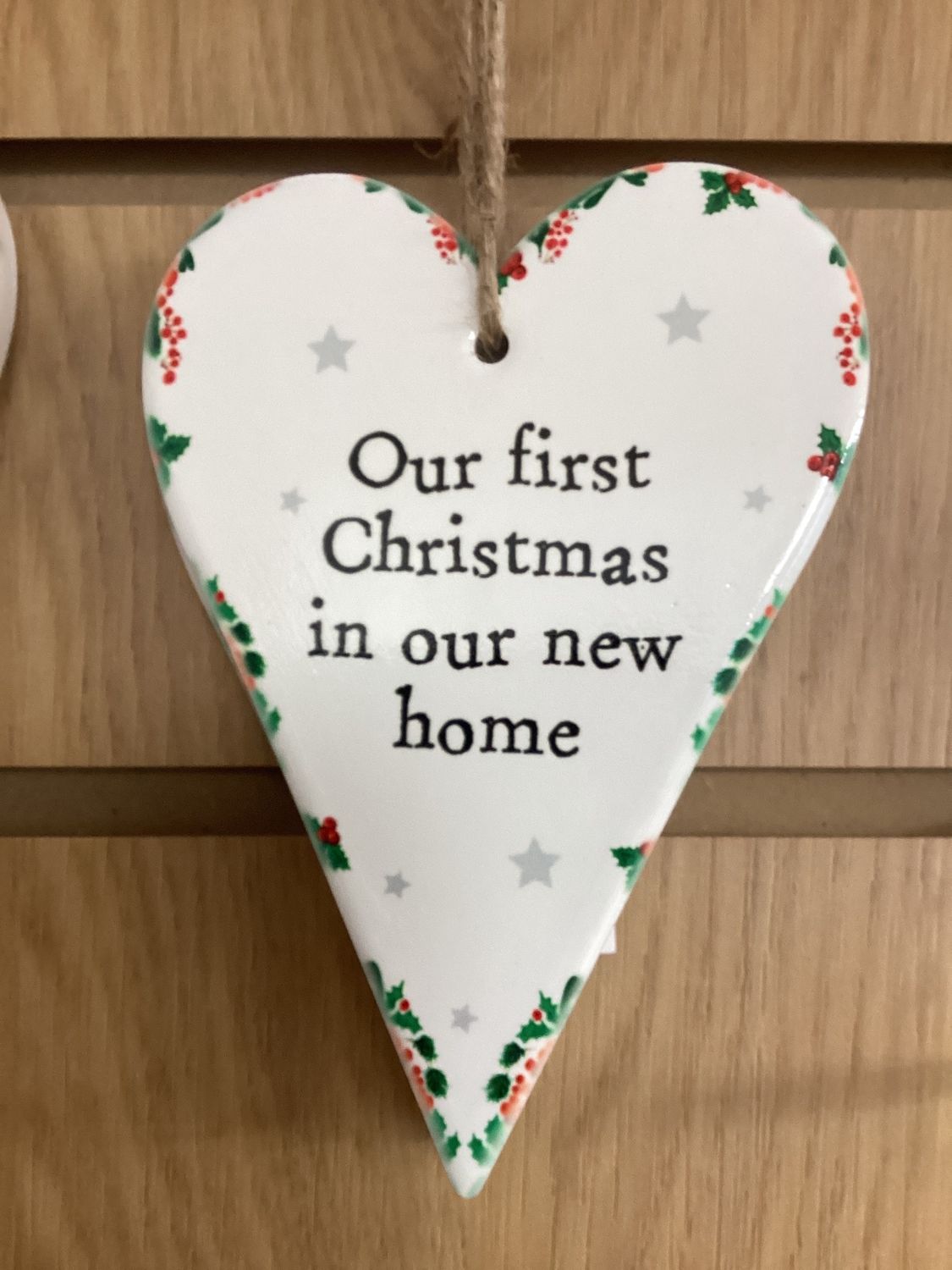 CERAMIC CHRISTMAS NEW HOME HEART HANGER WITH STARS &amp; HOLLY