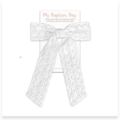 My Baptism Day, White Floral Lace Embroidery Ribbon Long Tail Bow