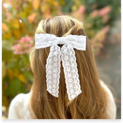 My Baptism Day, White Floral Lace Embroidery Ribbon Long Tail Bow