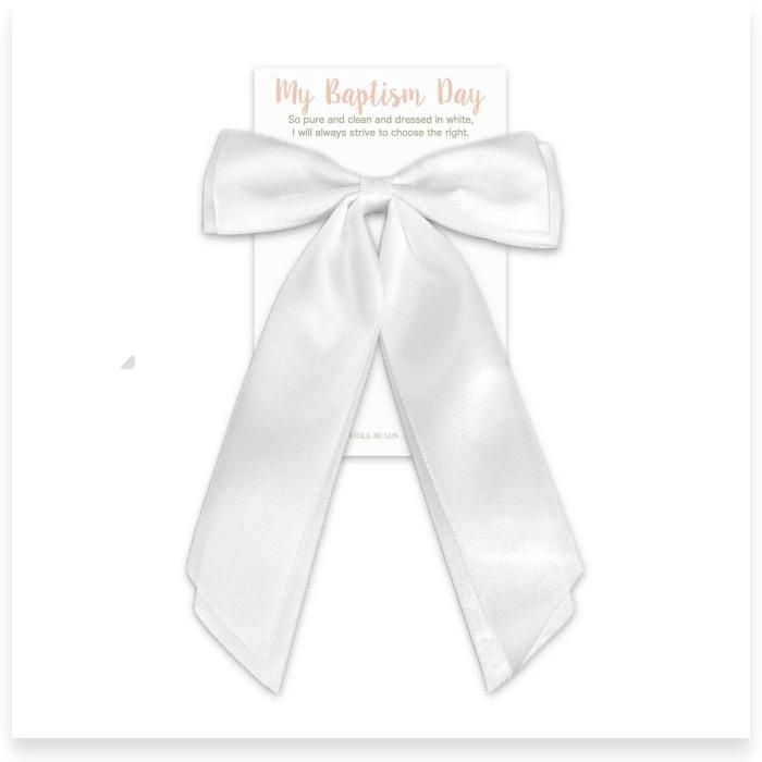 My Baptism Day, White Satin Ribbon Long Tail Hair Bow