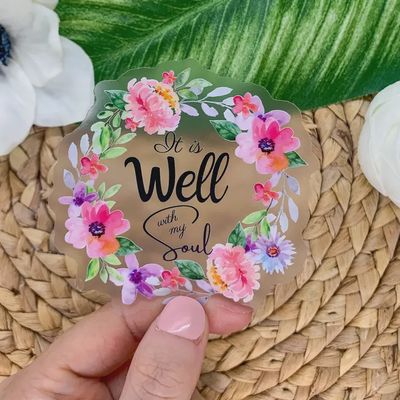 It Is Well, Pink Floral Christian Clear, Sticker, 3x3 Inch