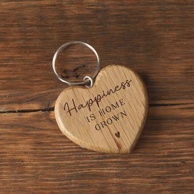 Happiness Is Home Grown Oak Heart Keyring