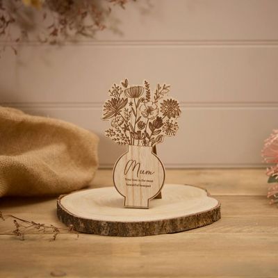 Etched Wood Flower Vase - Mum