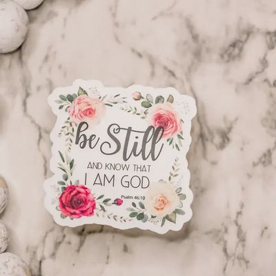 Be Still, Floral Christian, Clear, Vinyl Sticker, 3x3 in.