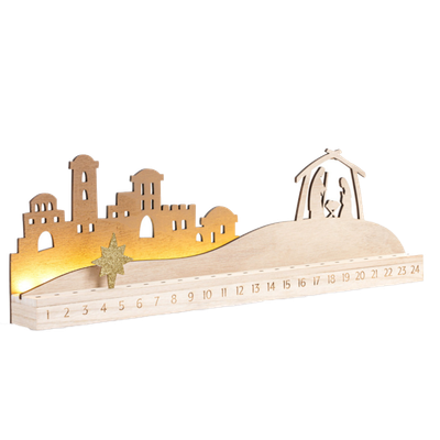 Light-up Bethlehem Mantlescape Countdown Wood Nativity 9" x 24"