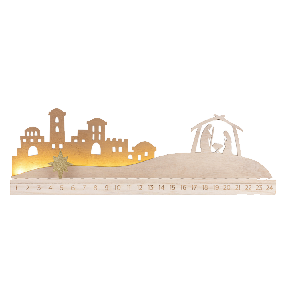 Light-up Bethlehem Mantlescape Countdown Wood Nativity 9&quot; x 24&quot;