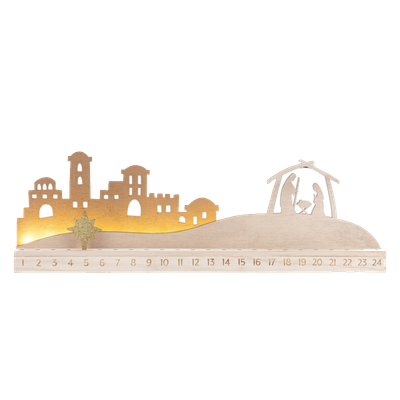 Light-up Bethlehem Mantlescape Countdown Wood Nativity 9&quot; x 24&quot;