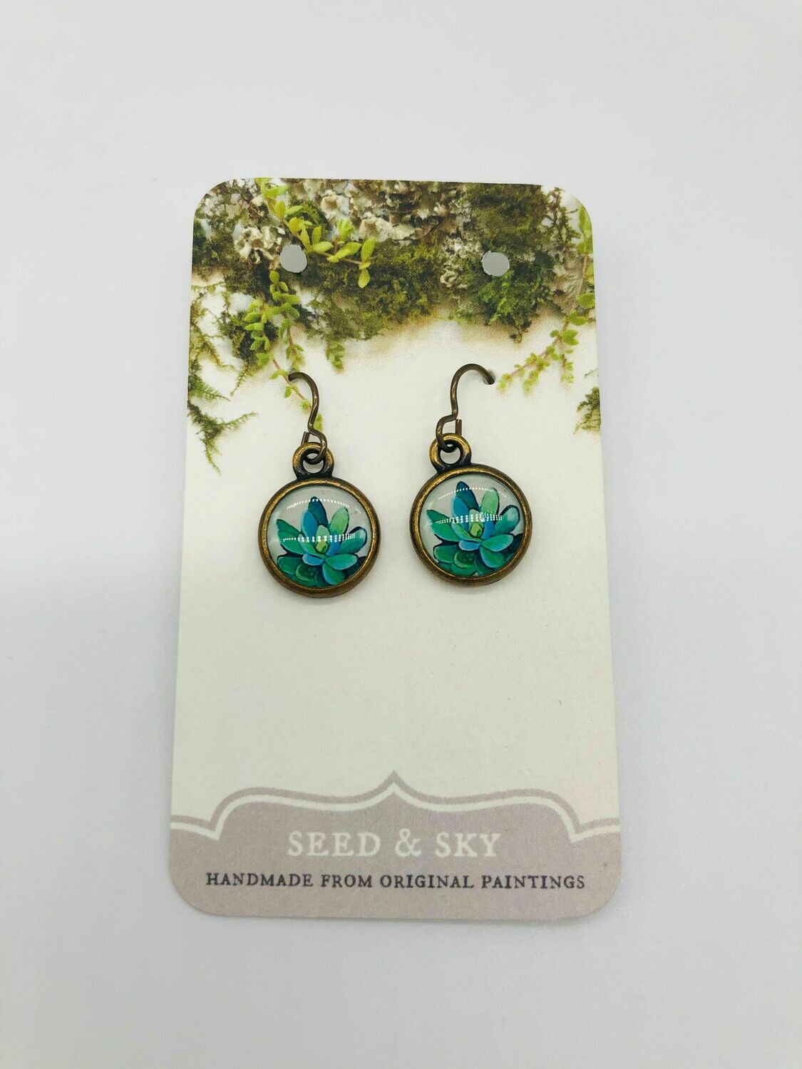 Green Succulent Dangle Earrings, Bronze
